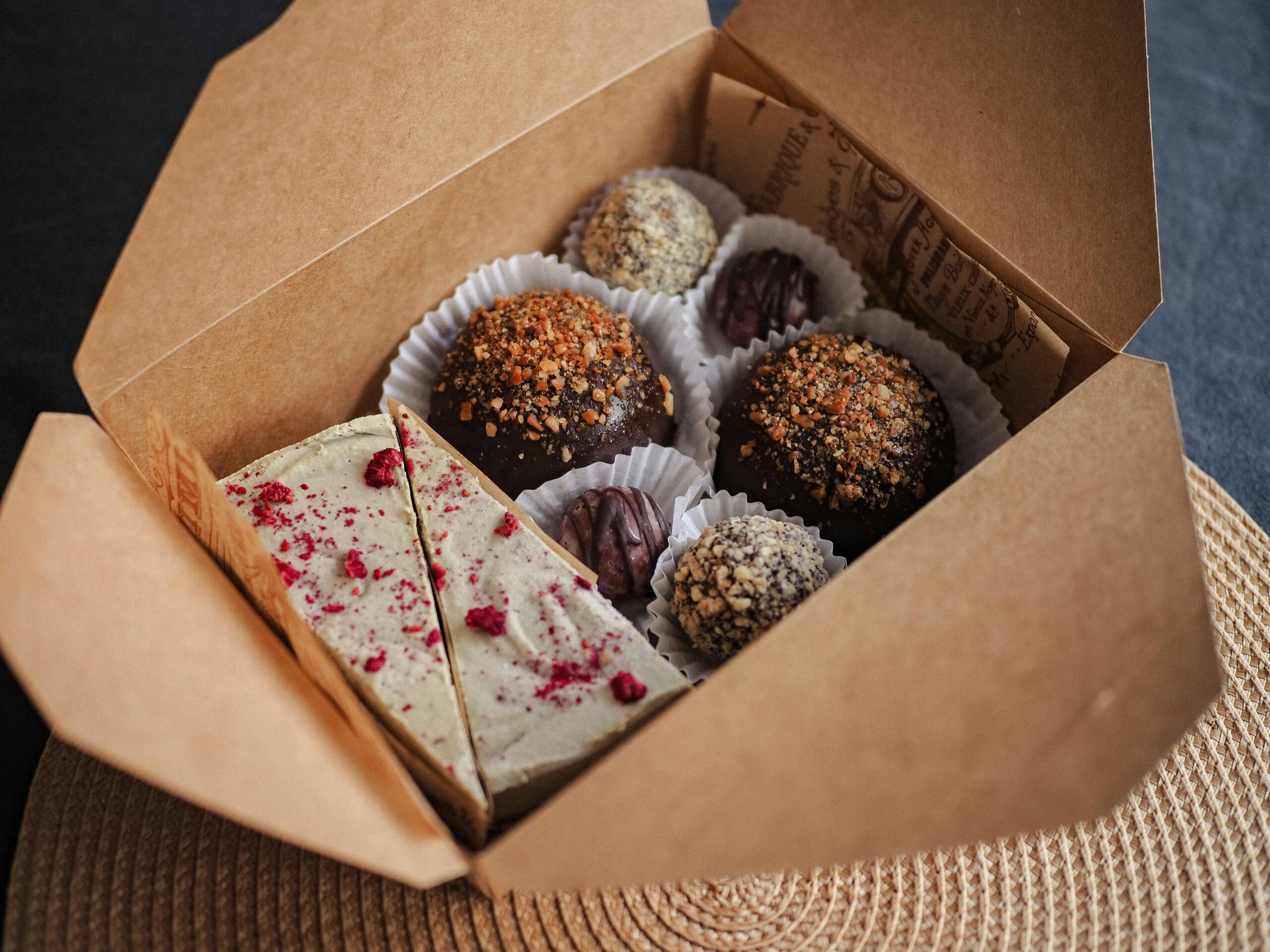 Delicious assortment of gourmet truffles and cake slices elegantly packed in a cardboard box.